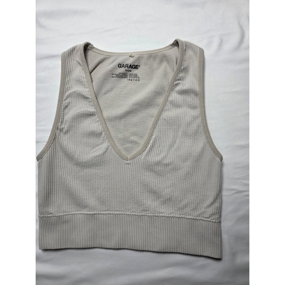 Garage Ribbed V-Neck Crop Top Light Taupe Beige Sleeveless Seamless XS